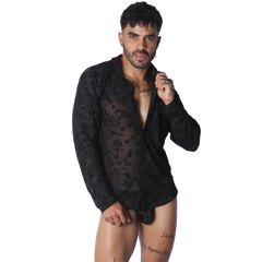 Black long-sleeve button-up shirt in a sheer, floral-patterned fabric with a classic collar.