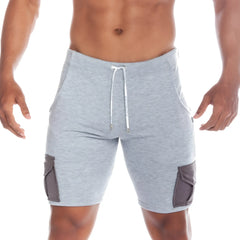 Gray heathered gigo pocket athletic shorts with mesh side pockets and white drawstring for active wear