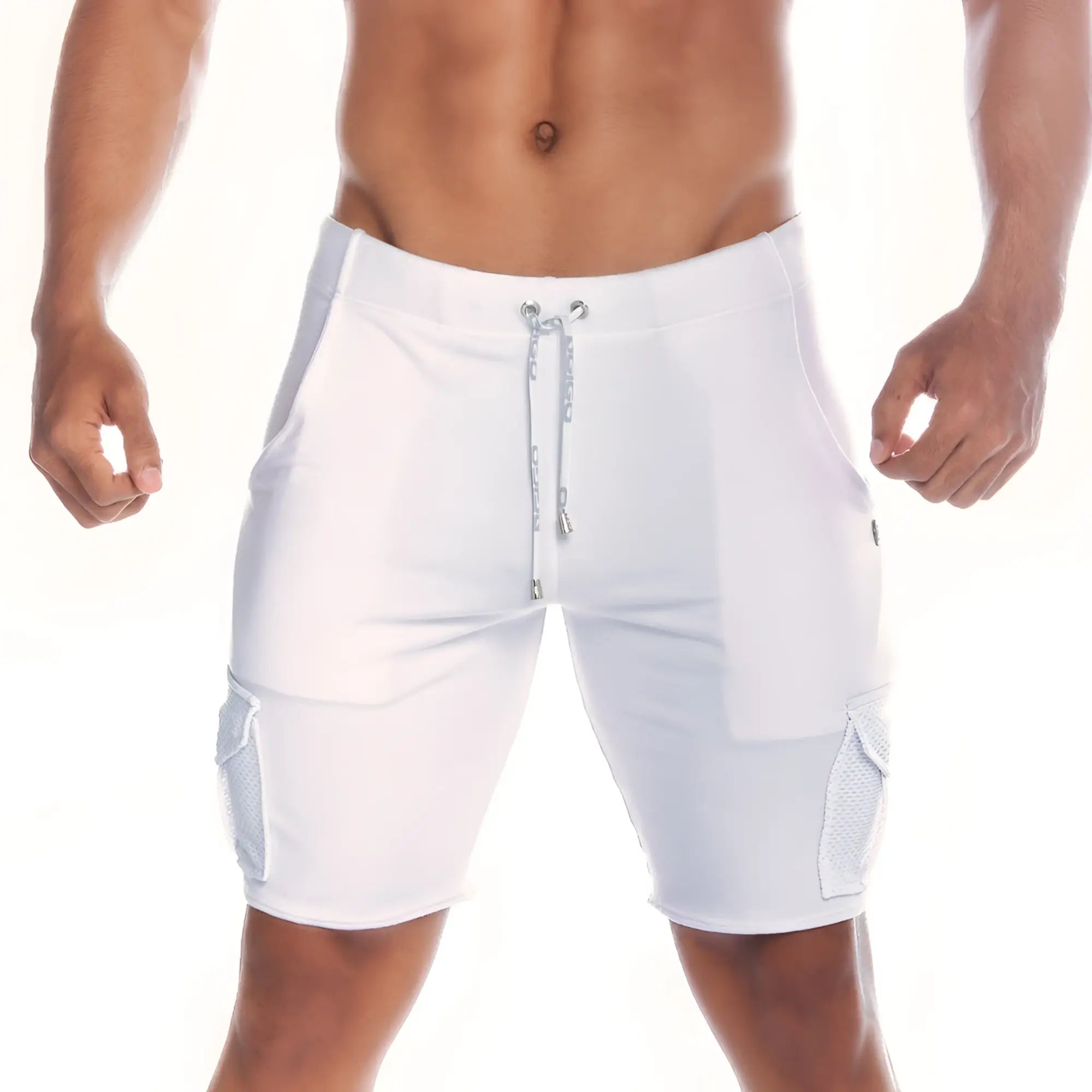 White athletic shorts with cargo pockets and drawstring waistband for casual and active wear gigo pocket white short