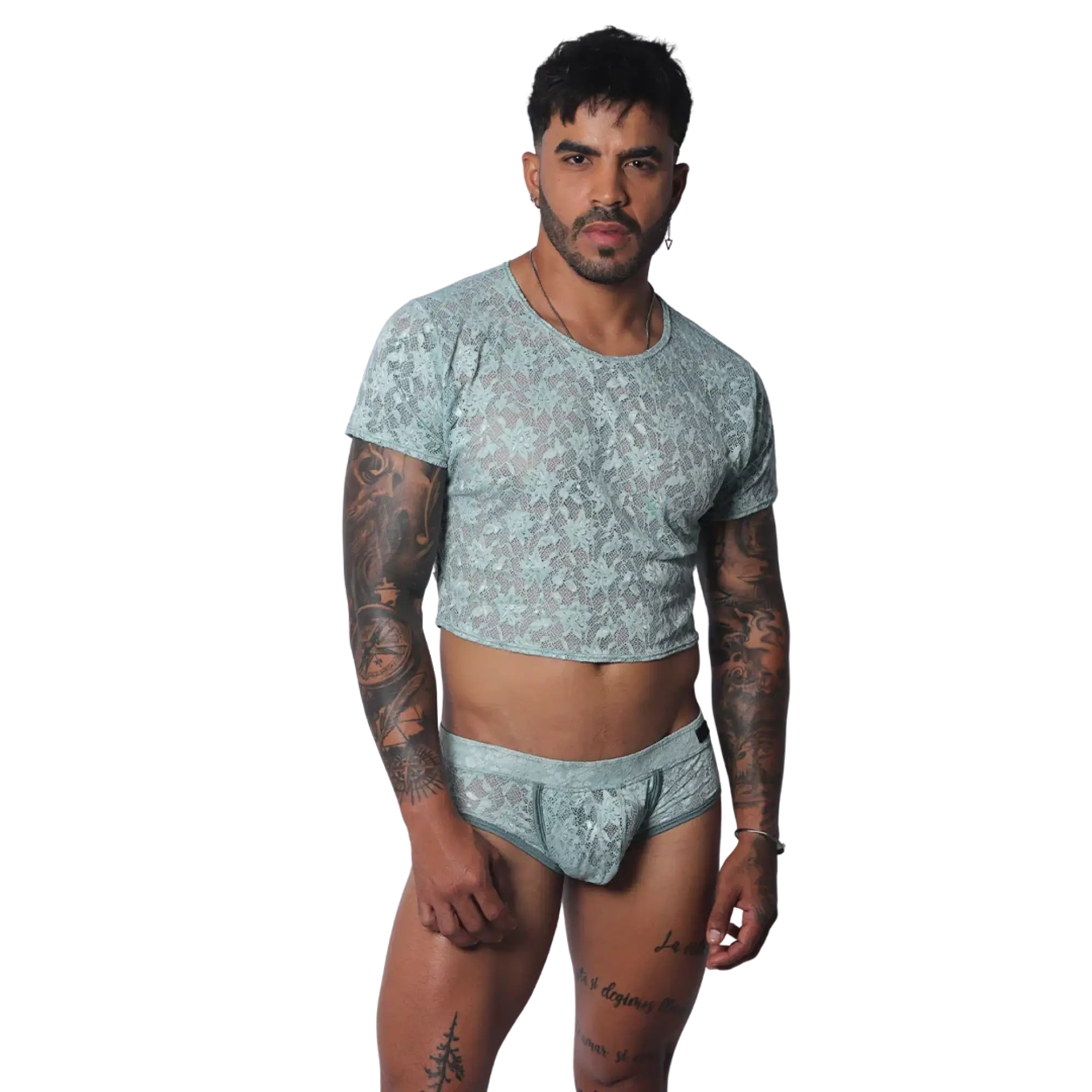Aqua green short-sleeve crop top in a sheer, floral lace material with a round neckline and cropped hem.