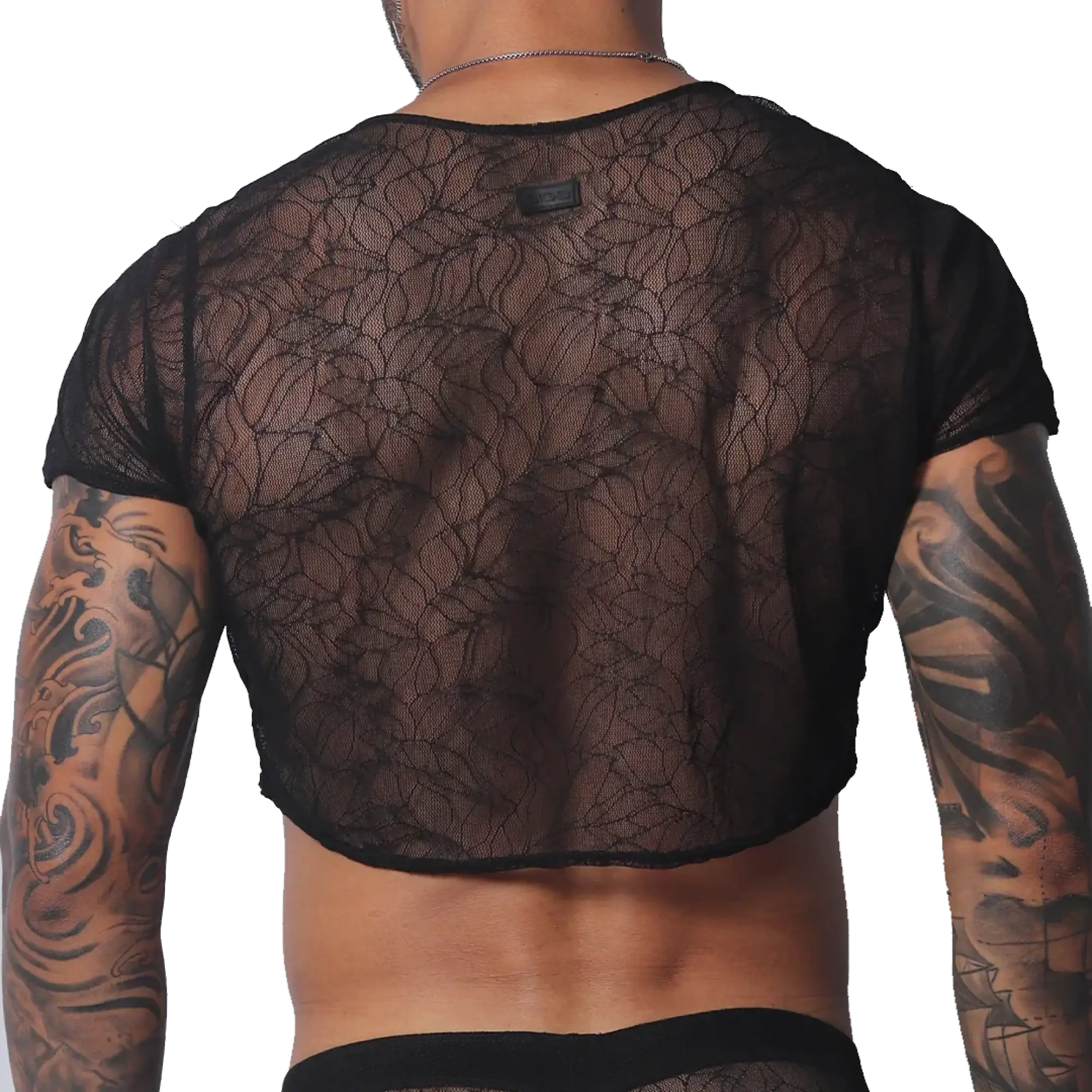 Black sheer lace crop top with short sleeves and a branded patch detail on the back.