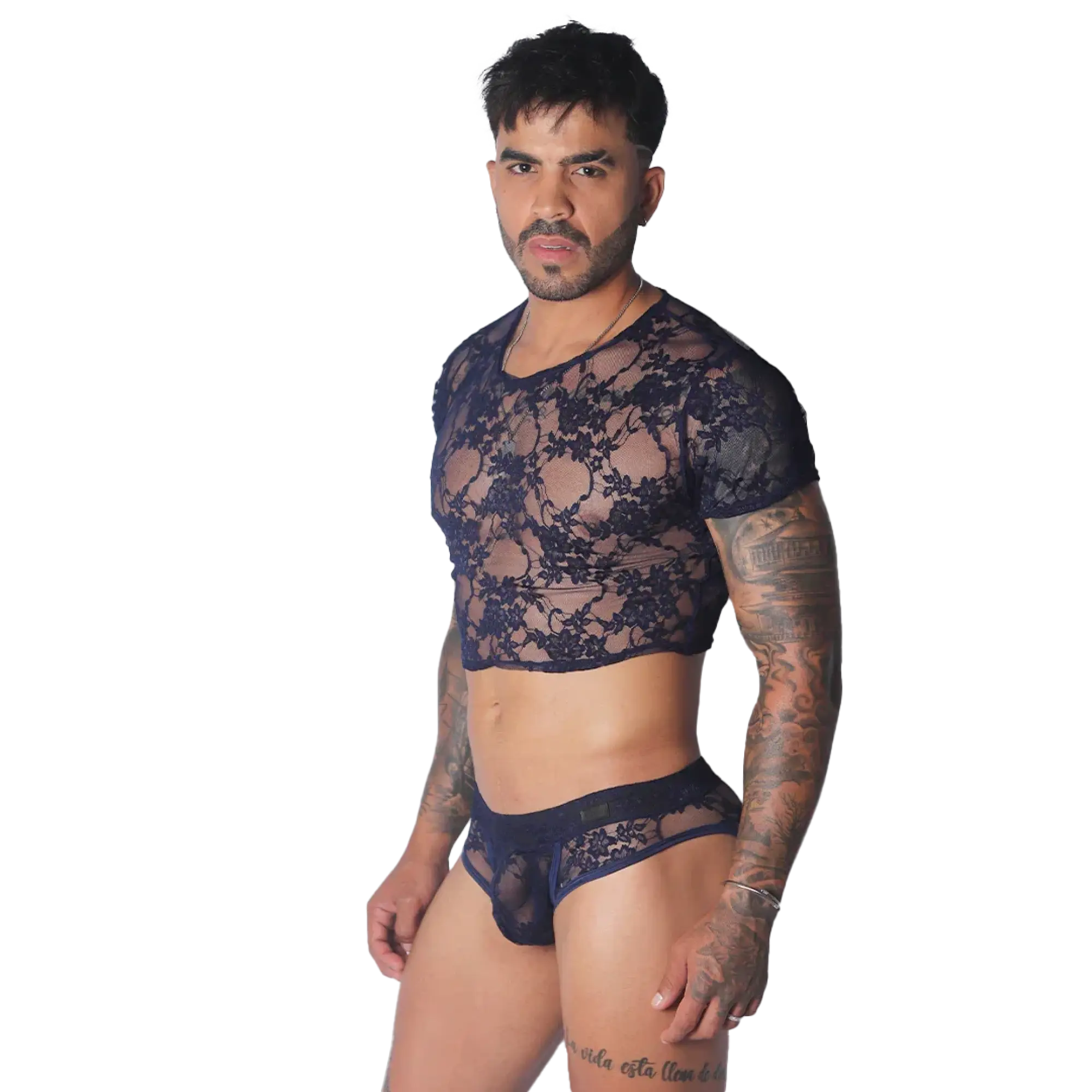 Navy blue sheer floral lace crop top with short sleeves and a rounded neckline.