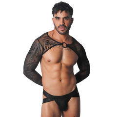 Black mesh bolero harness with long sleeves and a center O-ring, worn over a branded elastic jockstrap.
