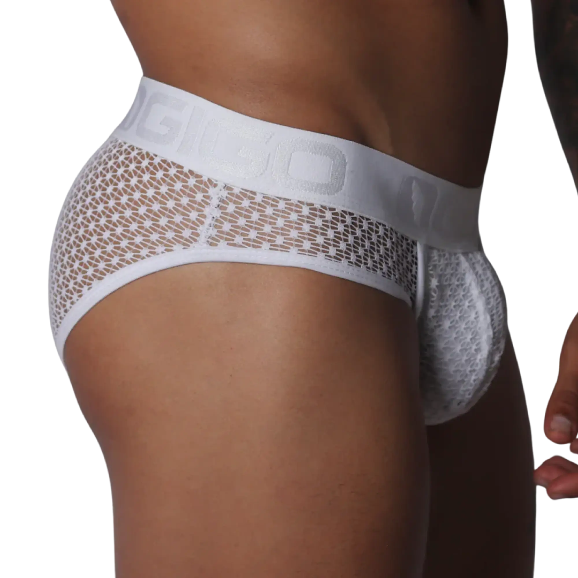 White mesh brief with a wide, branded elastic waistband and contoured pouch, featuring a decorative geometric pattern.