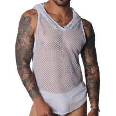Sleeveless white hooded tank top in a semi-sheer, geometric mesh fabric with a V-neckline.