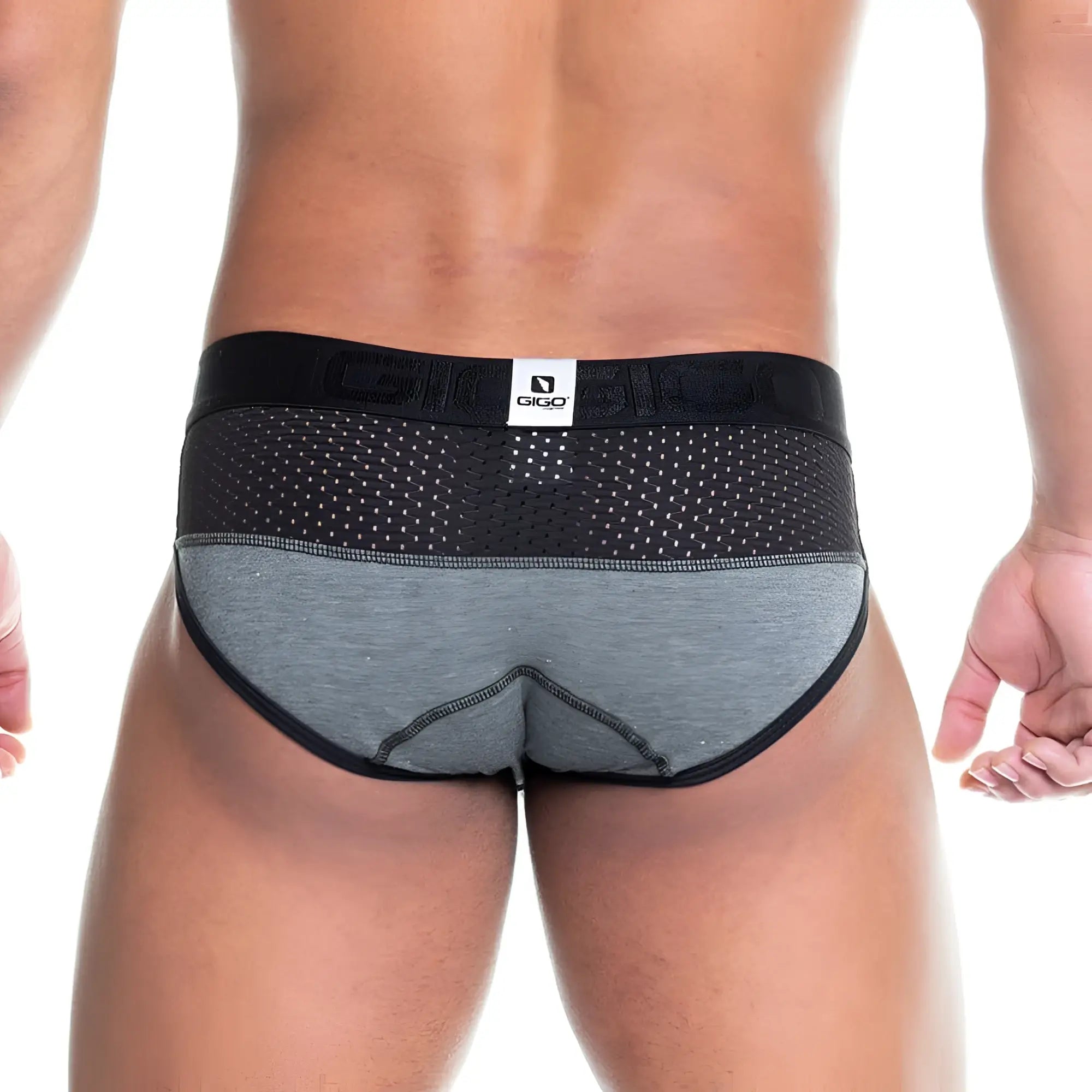 Gigo prudence black brief featuring black and heather gray menâ€™s briefs with a perforated mesh waistband