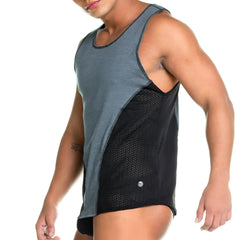 Gigo Prudence black tank menâ€™s athletic tank top in heather gray and black with solid fabric and breathable mesh paneling
