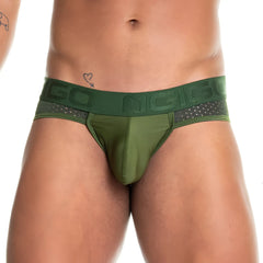 Olive green gigo prudence brief with textured niggo waistband and mesh side panels for athletic use