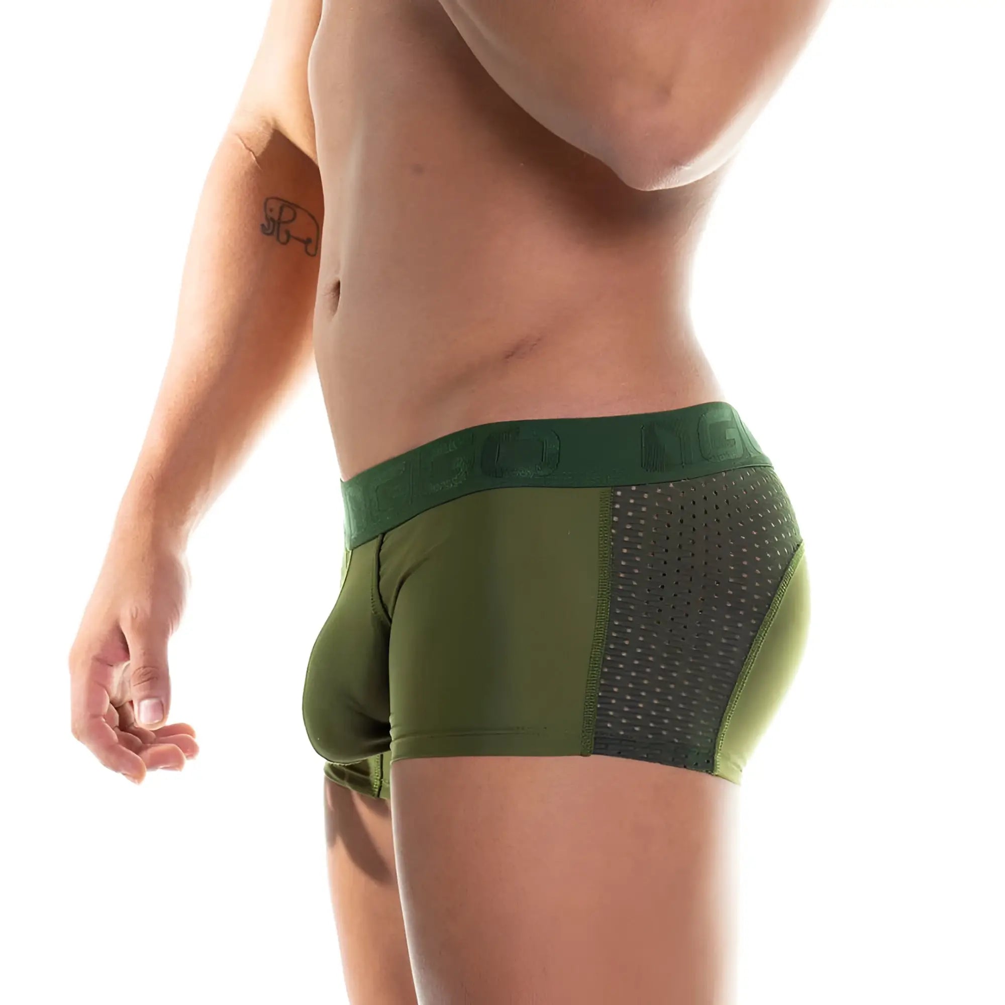Olive green gigo prudence green trunk athletic briefs with dark green elastic waistband and side mesh panel