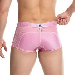 Pink gigi brand menâ€™s briefs with a mesh back and solid nude front panel gigo prudence nude trunk