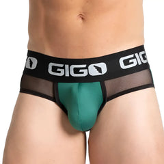 Teal and black mesh briefs with gigo branding on the waistband from the gigo purity green brief collection
