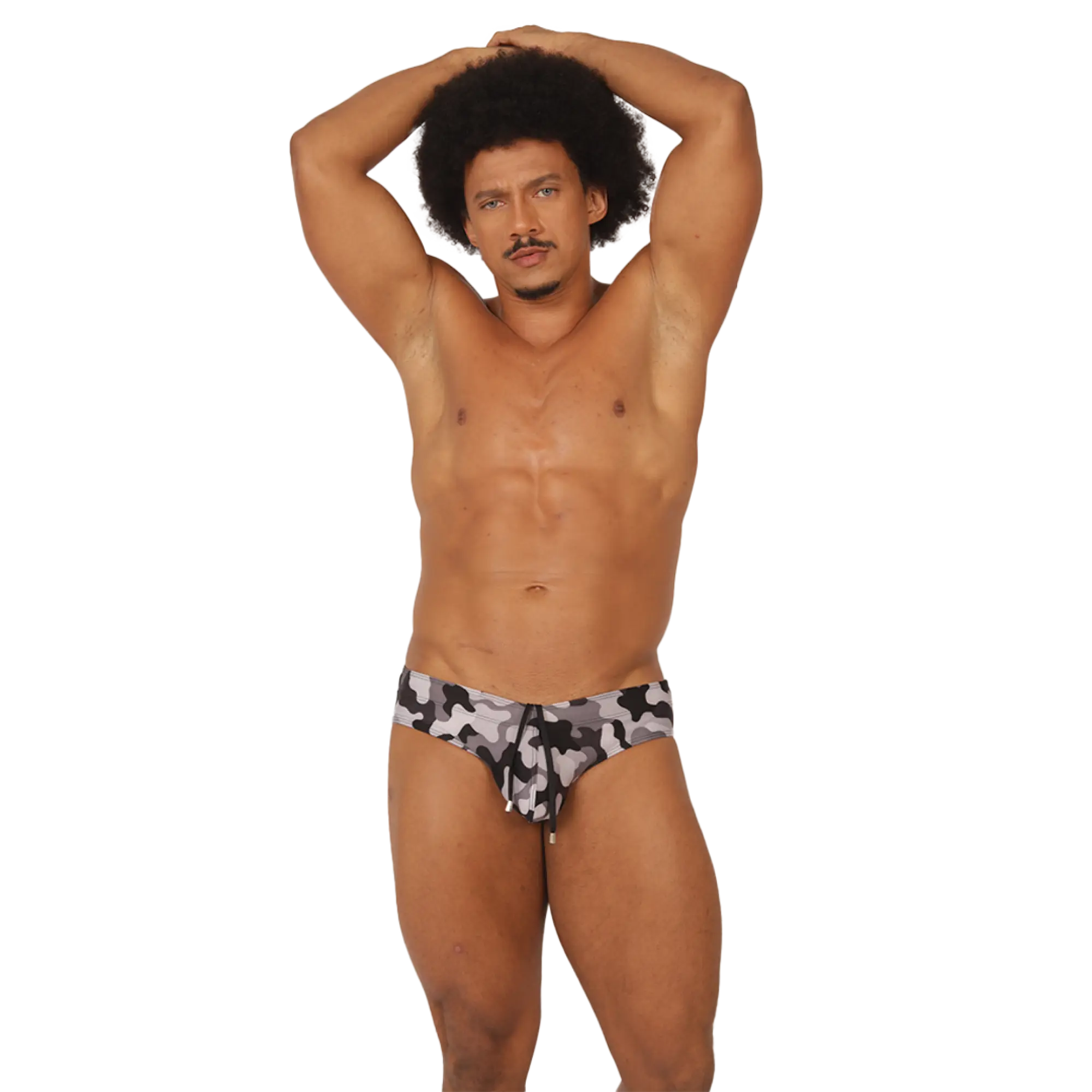 Gigo rank camouflaged swim brief in black and gray fabric with drawstring waistband for comfortable swimming