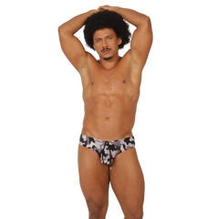 Gigo rank camouflaged swim brief in black and gray fabric with drawstring waistband for comfortable swimming
