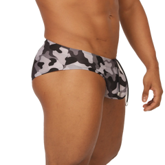 Gigo rank camouflaged swim brief in black and gray with a drawstring waistband for comfortable beachwear