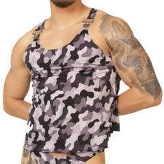 Gray and black camouflage tank top with adjustable shoulder straps and metallic buckles by Gigo Rank Camouflaged Tank