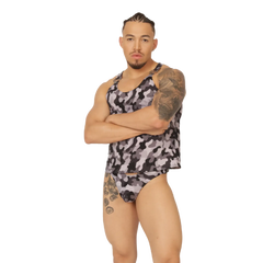 Man wearing black gray and white camouflaged gigo rank tank top and matching briefs in front view