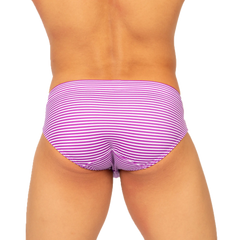 Gigo rank purple swim brief featuring purple and white striped swim trunks designed for comfortable swimming use