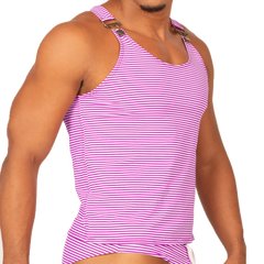 Gigo Rank Purple tank vibrant pink and white striped tank top with adjustable shoulder straps and metallic buckles
