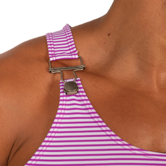 Back view of gigo rank purple tank featuring a purple and white striped halter neck strap with a silver metal clasp