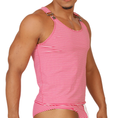 Gigo Rank Red Tank pink and white striped tank top with adjustable metallic buckle shoulder straps