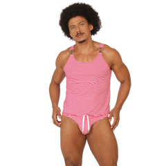 Pink and white striped Gigo Rank Red tank top with adjustable straps and matching briefs with drawstring waistband