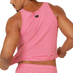 A red and white striped sleeveless tank top made of stretchy fabric with a black tag at the neckline gigo rank red tank