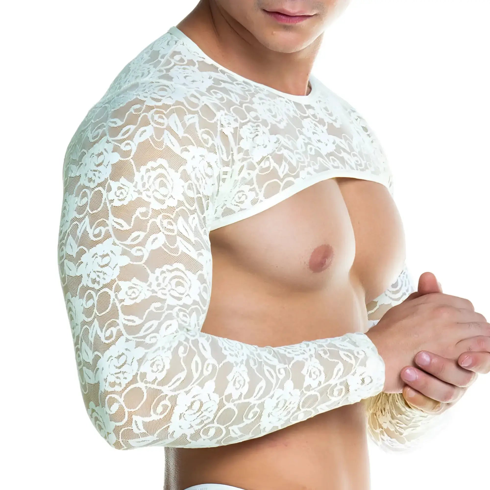 White floral lace arm cover accessory for gigo redemotion beige harness highlighting delicate detailing