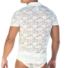 White floral lace short-sleeved gigo redemotion beige shirt with collar and solid white trim at hem