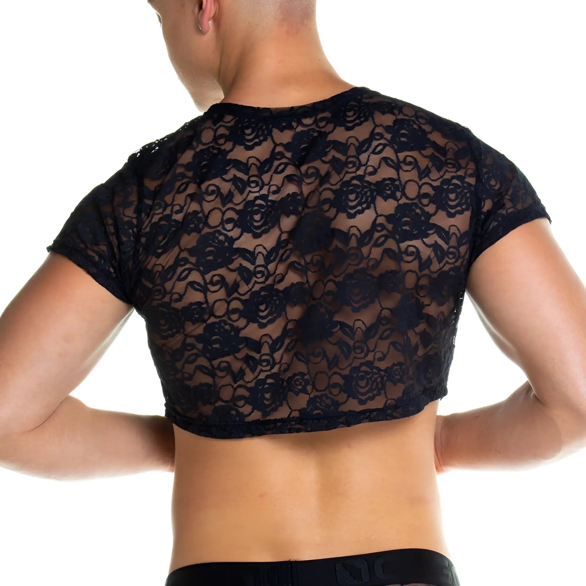 Gigo Redemotion black crop top with floral lace pattern made from delicate black lace fabric