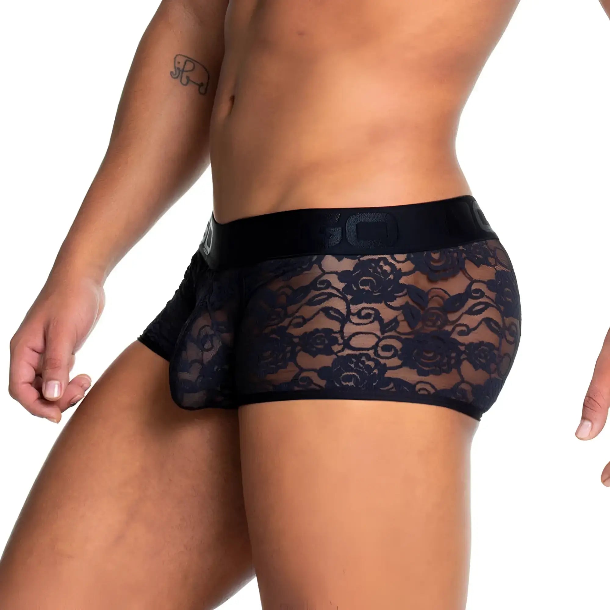 Gigo redemotion black trunk black lace menâ€™s underwear with floral pattern and elastic waistband