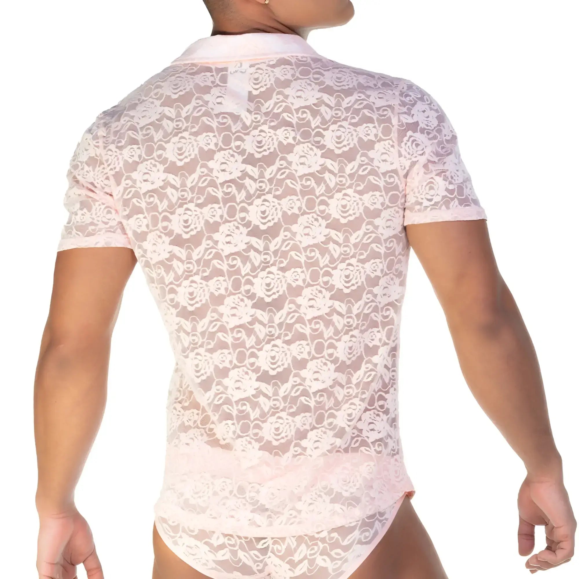 Gigo Redemotion pink shirt is a delicate pink lace short-sleeved shirt with a floral pattern and collar