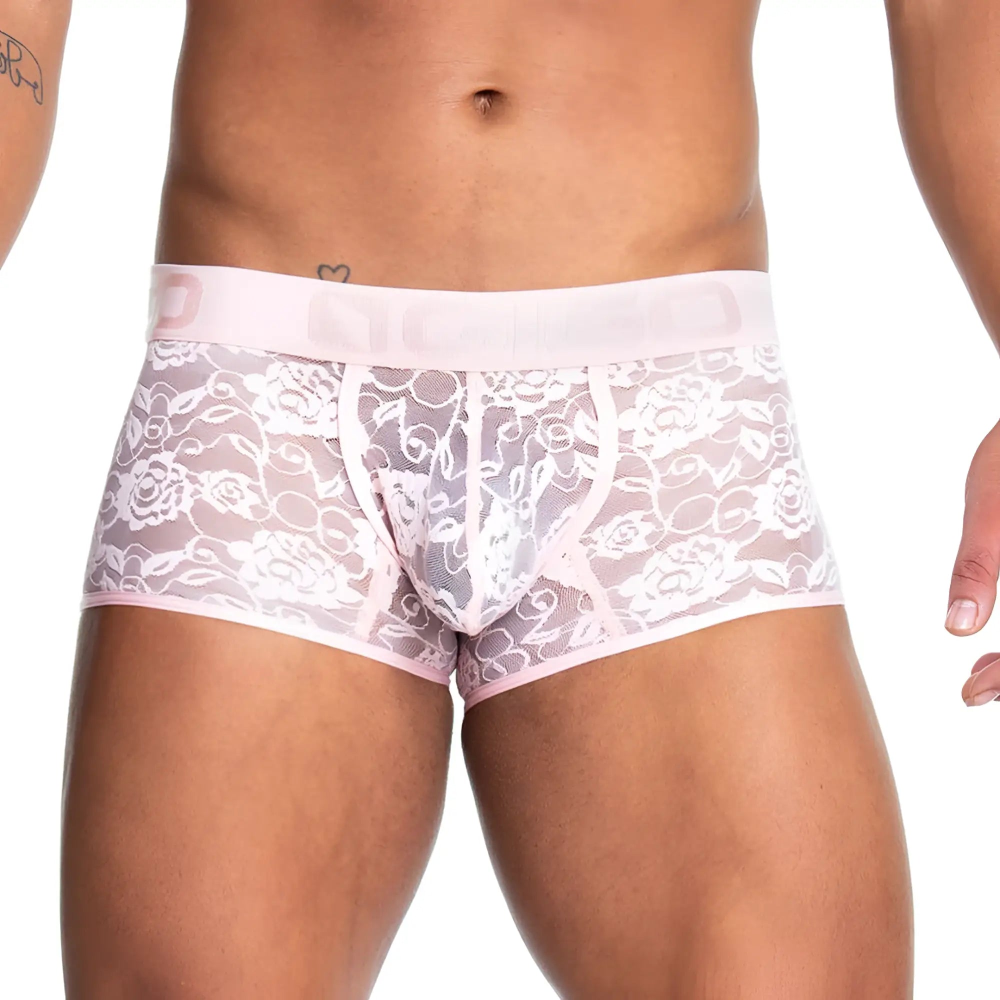 Gigo Redemotion pink trunk menâ€™s briefs with lace trim white floral pattern and matching elastic waistband