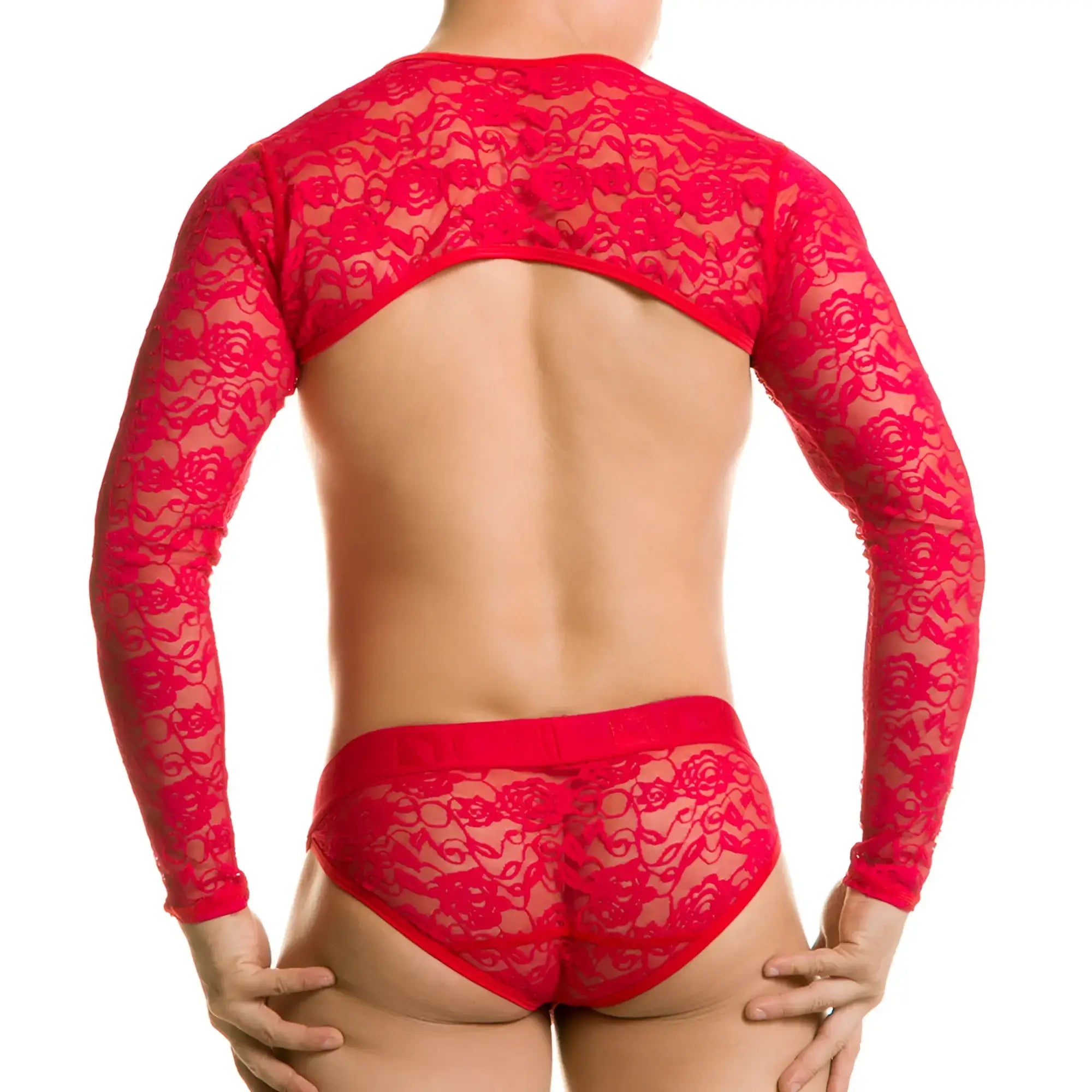 Red lace long-sleeved bodysuit with floral pattern in the Gigo Redemotion Red Harness collection