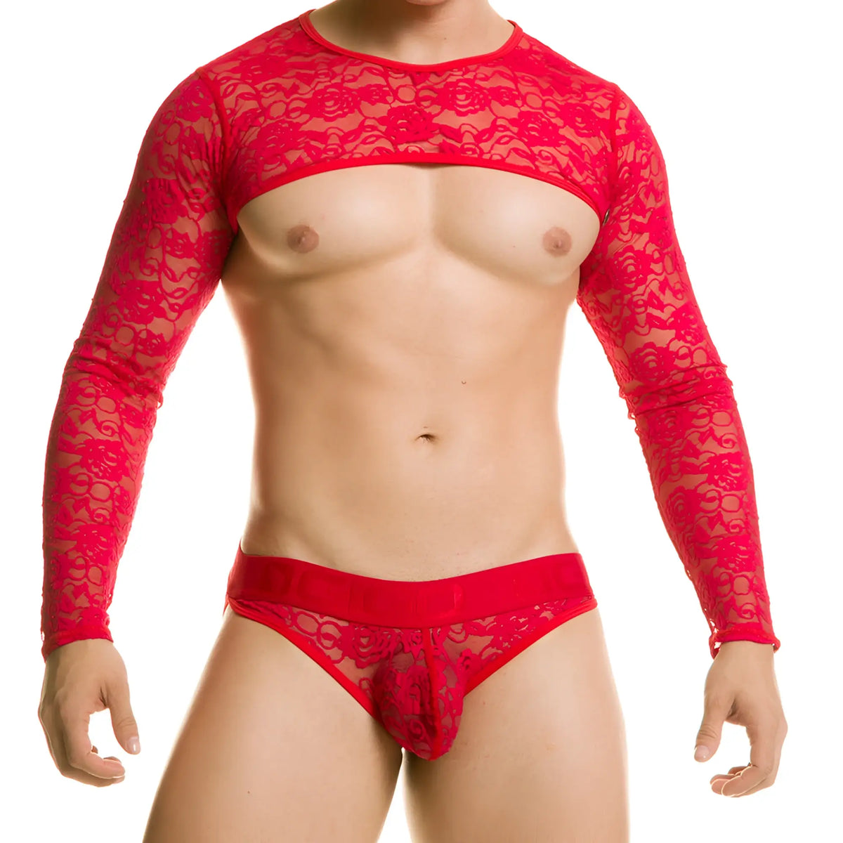 Gigo redemotion red harness featuring a red lace long-sleeved top with floral pattern and matching red lace briefs