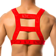 Red elastic gigo resistless harness with dg logo printed across the straps for secure fit and comfort