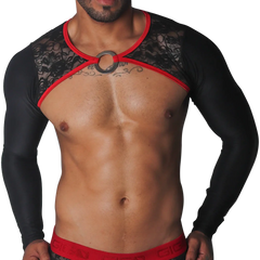 Black long-sleeve harness with floral lace chest panels, red trim, and a central metal O-ring.