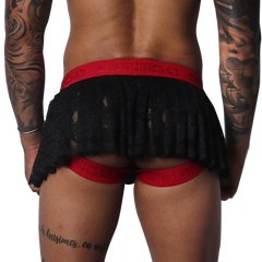 Black lace pleated mini skirt with a red branded elastic waistband and integrated red leg-strap garter design.