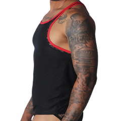 Black tank top with red trim, featuring intricate black lace side panels and racerback-style straps.