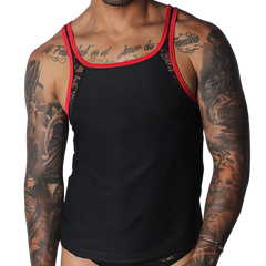 Black tank top with red trim, lace shoulder panels, and a subtle ribbed texture.