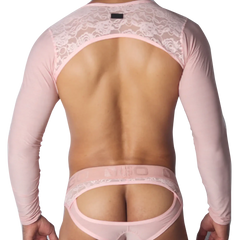 Pastel pink mesh harness with long sleeves, lace shoulder yoke, and open-back jockstrap featuring a branded waistband.