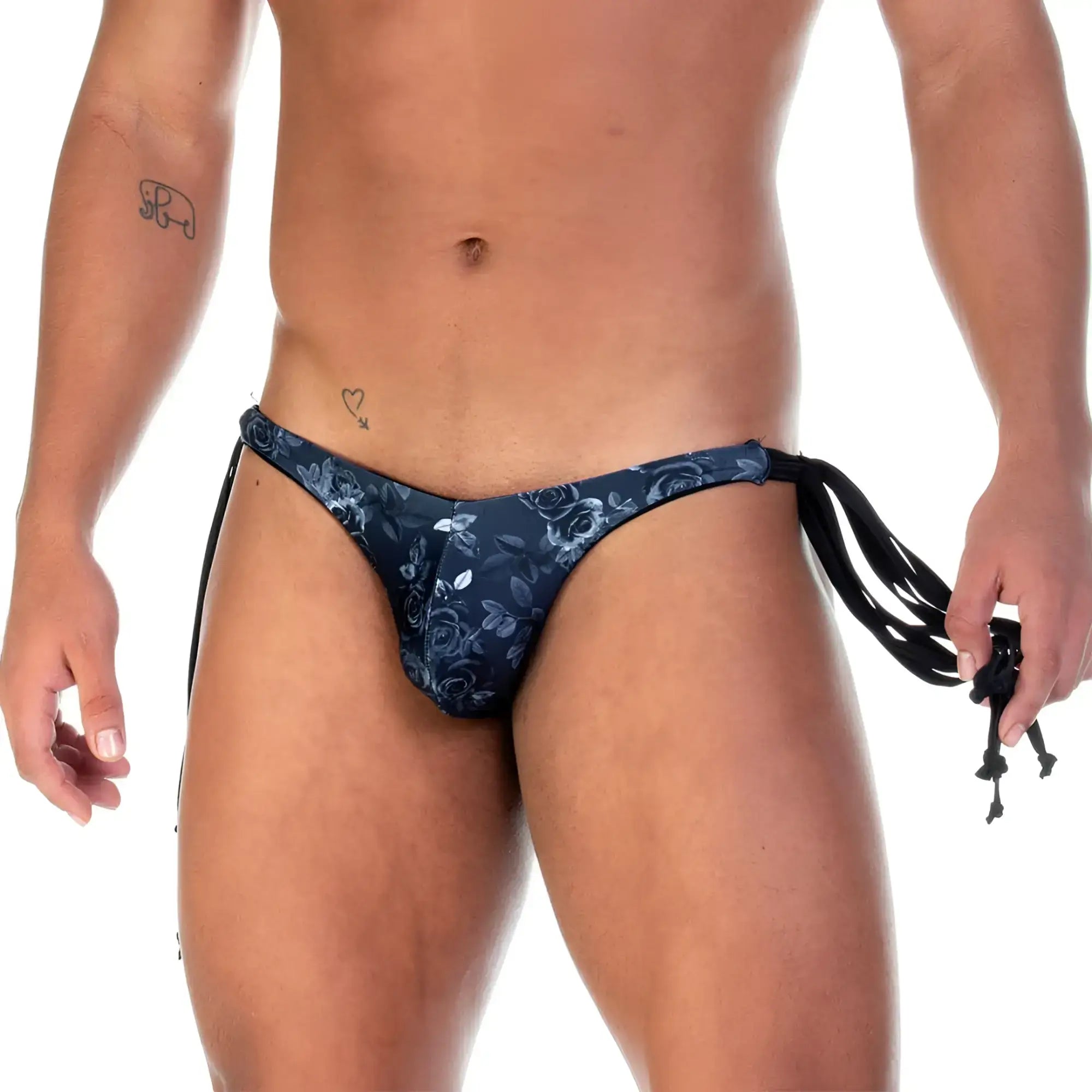 Dark blue thong swim brief with floral pattern and black drawstrings gigo rose black swim brief back view