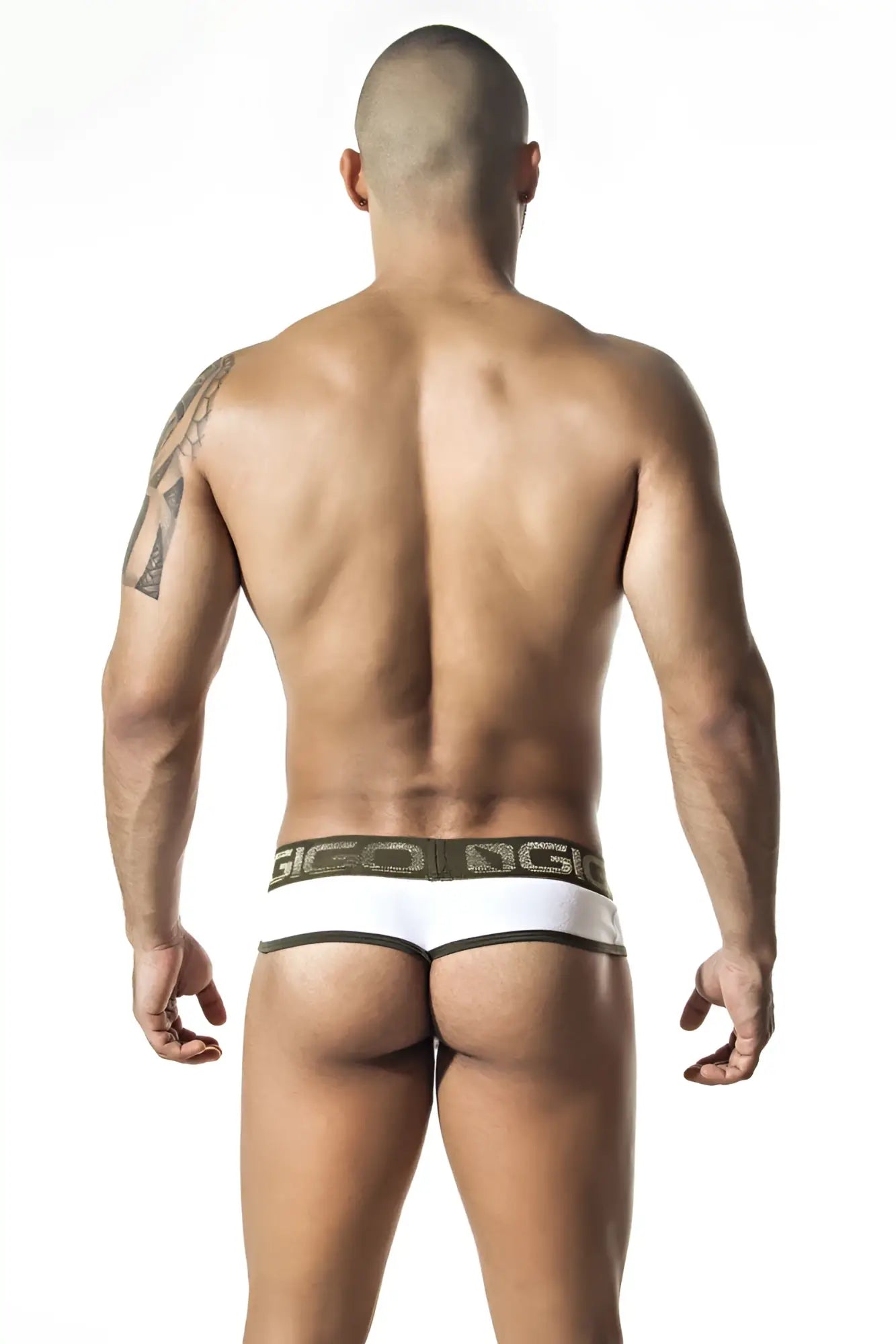White gio brand briefs with dark green elastic waistband and white gio logo size m gigo royalty white g string underwear