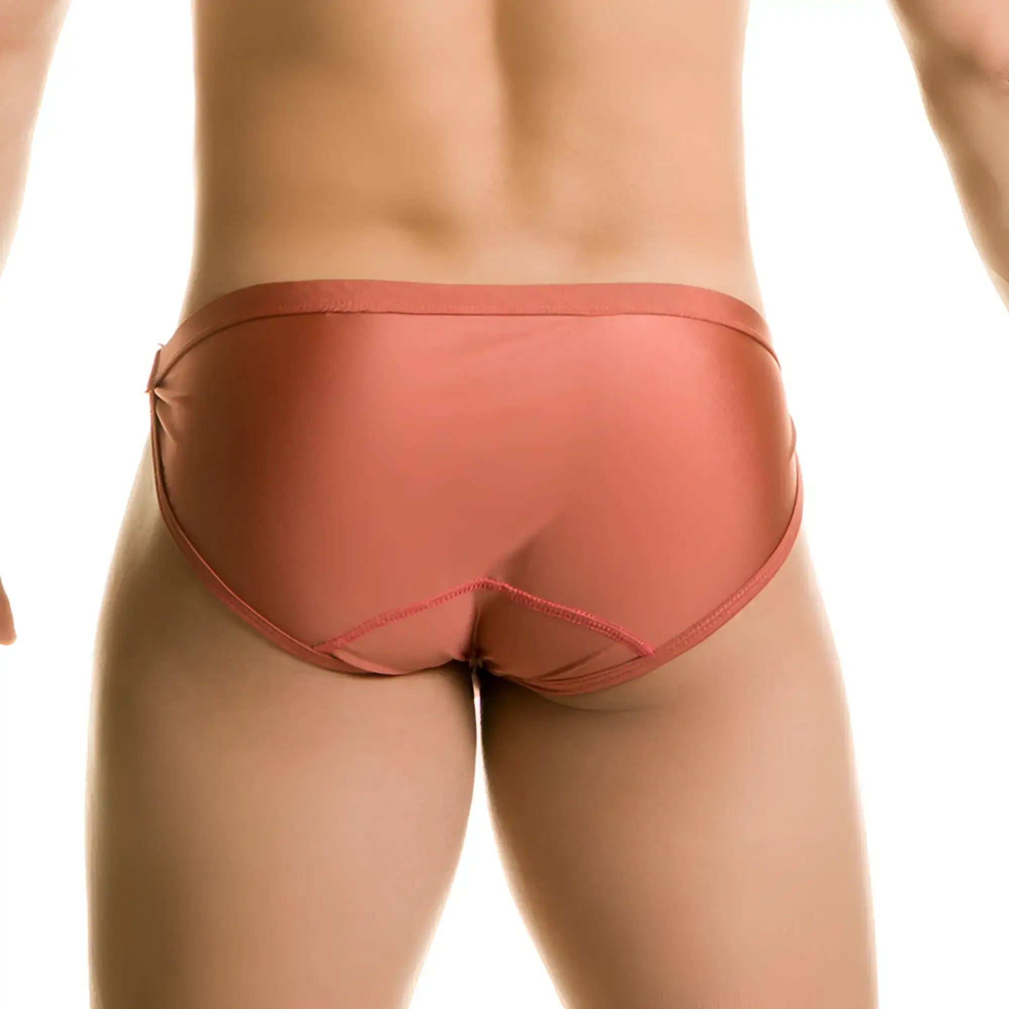 Coral-colored sleek satin swim briefs with a smooth form-fitting design from gigo rush brown collection