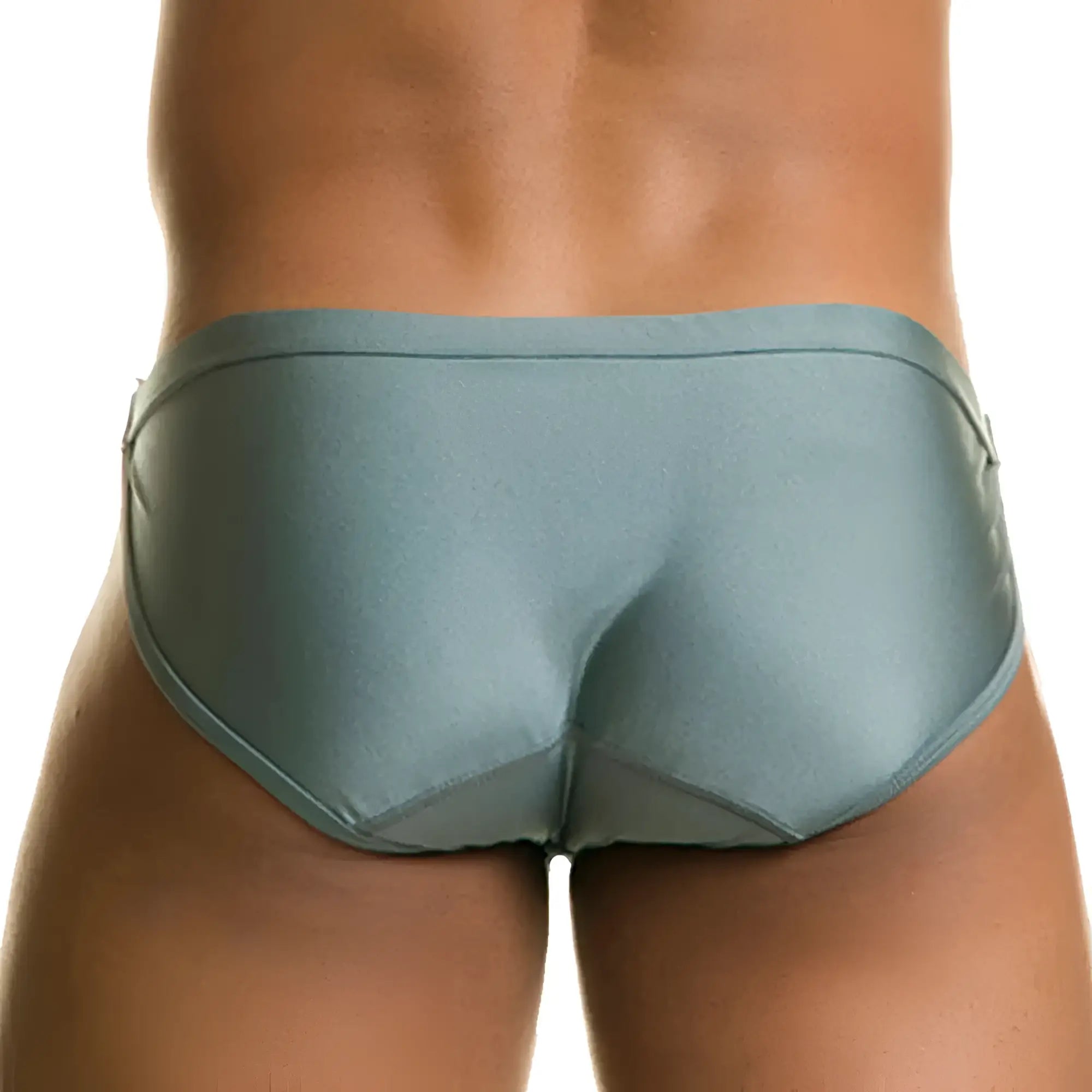 Gigo Rush gray swim brief in sleek light gray satin with a smooth glossy finish and subtle seam detailing