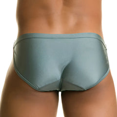 Gigo Rush gray swim brief in sleek light gray satin with a smooth glossy finish and subtle seam detailing