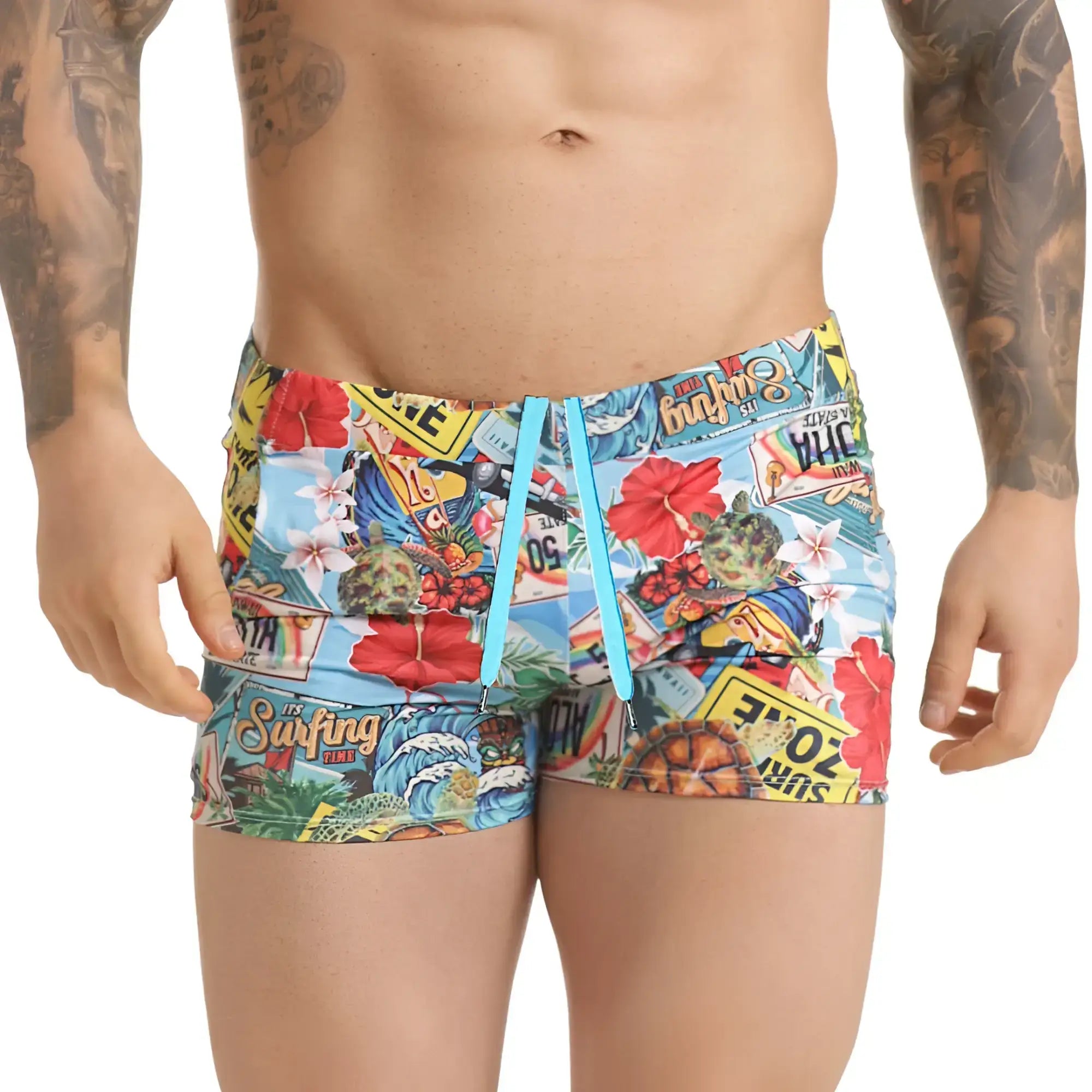 Vibrant gigo seventies beachwear swim trunks with colorful surfboards flowers and license plates in blue red yellow and green