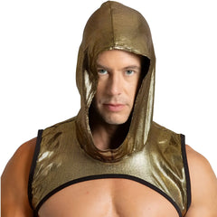 Shiny gold metallic hooded top with black trim from gigo shinese harness collection shown from the back side