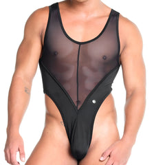 Gigo Skin black one-piece swimsuit with sheer mesh and solid fabric, plunging neckline, and high-cut legs