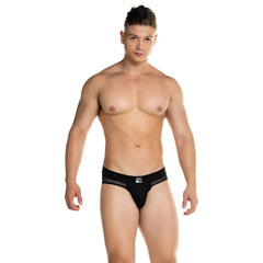 Black athletic gigo skin brief jockstrap with mesh side panels and small metallic logo on waistband