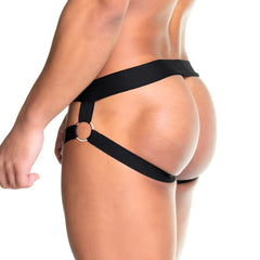 Black fabric harness with a metallic ring detail featured in the gigo skin black jockstrap product